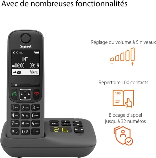 Gigaset A695A - téléphone DECT sans fil avec répondeur - grand écran à haut contraste - excellente qualité audio - profils sonores réglables - fonction mains libres - protection d'appel, Gris