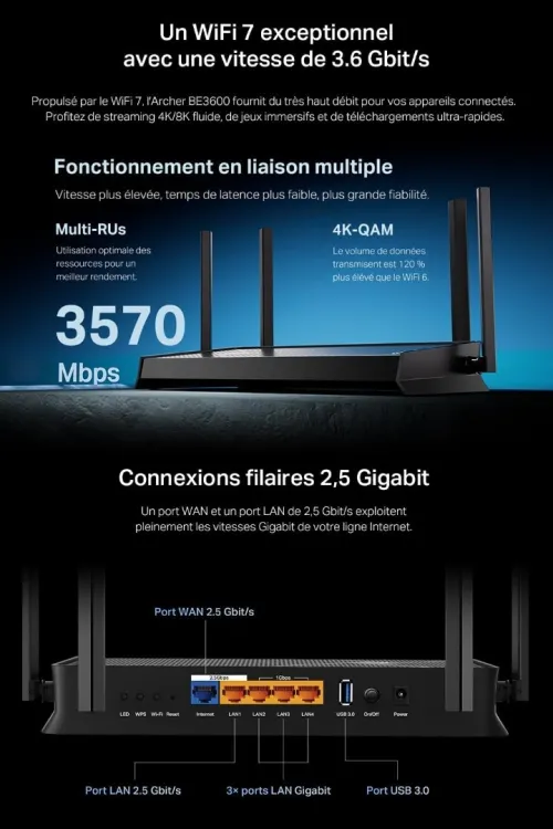 TP-Link Archer BE3600 Routeur WiFi 7 +  2 Ports 2.5G + 4 antennes à Haute Performance