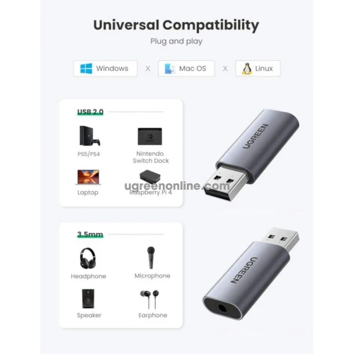 UGREEN Carte son USB audio stéréo 2 en 1 USB vers 3,5 mm Jack