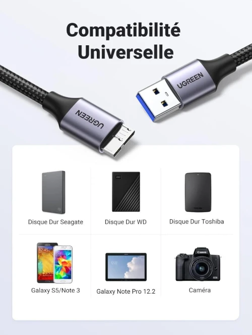 UGREEN Câble USB 3.0 Mâle A vers Micro B 5 Gbps pour Disque Dur Externe Nylon Tressé (1M) (2M)