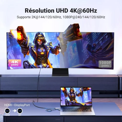 UGREEN Câble HDMI vers DisplayPort 4K 60Hz USB A Charge 21.6Gbps XBOX PS5 Steam Deck 