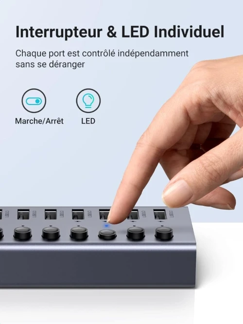 UGREEN Hub USB 3.0 Alimenté en Aluminium 7 Ports USB Hub avec Ports de Charge Interrupteur Indépendant Alimentation Externe 12V 2A Compatible avec PC PS5 PS4 Pro Slim Xbox One iMac, 1M Câble