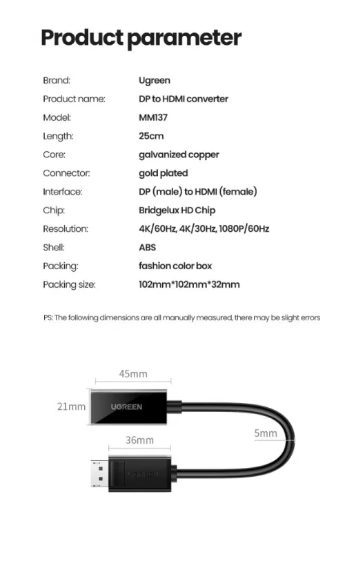 UGREEN Adaptateur DisplayPort Mâle vers HDMI Femelle 4K 60Hz 