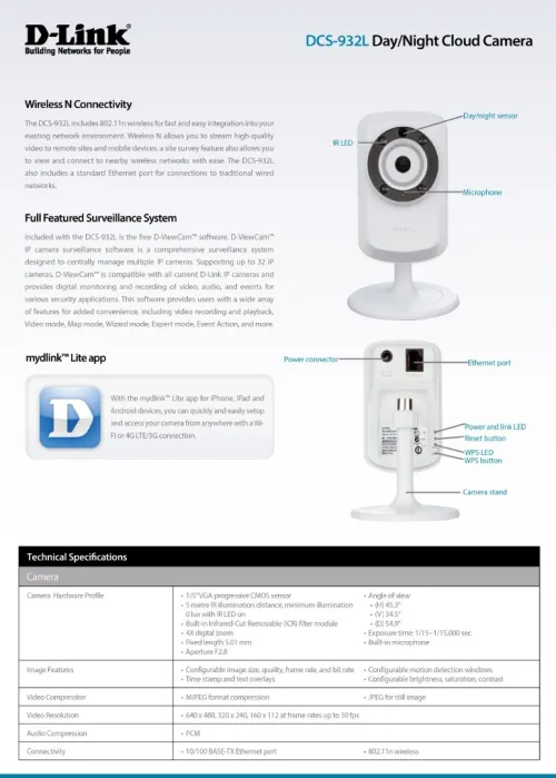 D-Link Cloud Camera De Sécurité Sans Fil Avec Vision Nocturne & LED Lumière Dcs-932L