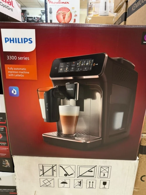 Philips Expresso broyeur Série 3300-5 Boissons, Écran tactile coloré, Mousseur à lait classique, SilentBrew, Broyeur 100% Céramique, Machine à café à grain Noir Chrome (EP3326/90)