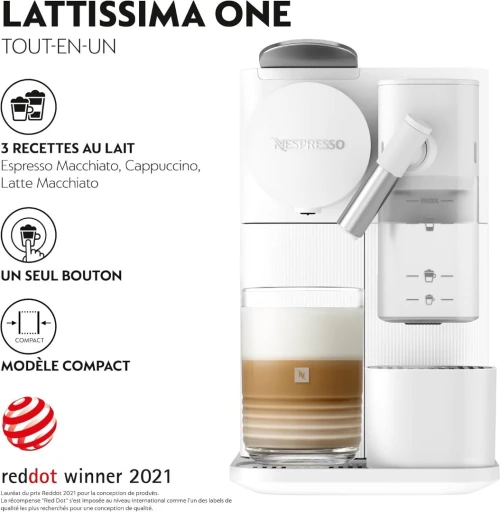 De'Longhi Nespresso Lattissima One Evo EN510.W, Machine a Café Capsule, Expresso et Cappuccino, 1450W, Blanc [Classe énergétique A+]