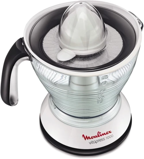 Presse-agrumes Vitapress Moulinex, double cône rotatif, 2 filtres à pulpe réglables, capacité XXL de 1 L, démarrage/arrêt automatique, système anti-goutte, rangement compact