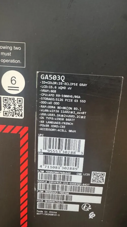 ASUS ZEPHYRUS GA503Q 15.6 AMD RYZEN 9 5900HS 16/1T RTX 3060 6G