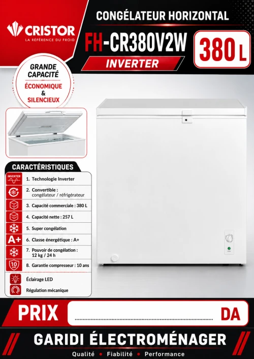 Congélateur Coffre Cristor 380L Gris Inverter Convertible  FH-CR380V2G  Neuf