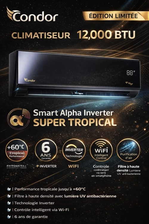 Climatiseur smart alpha super tropical inverter  Condor 12000 BTU  Édition Limitée Noir