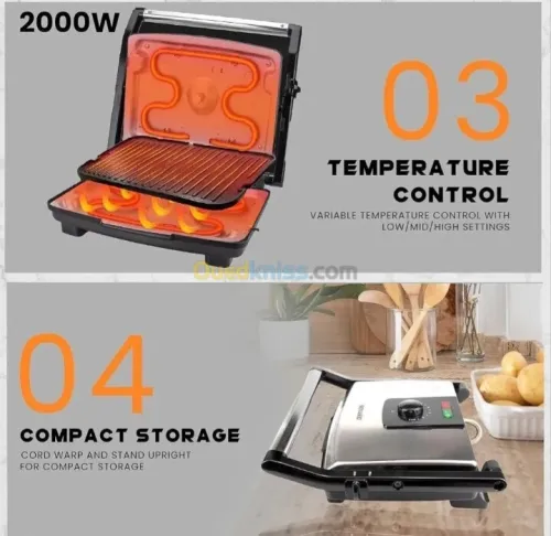 Panineuse et Grill Électrique 2000W avec Fonction Contrôle de la température INOX - بانينوز
