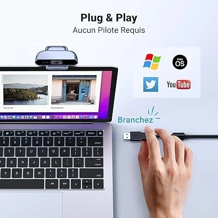 UGREEN Webcam Full HD 1080P 30FPS Caméra USB PC Deux Micro 360 Degrés Windows MacOS Android