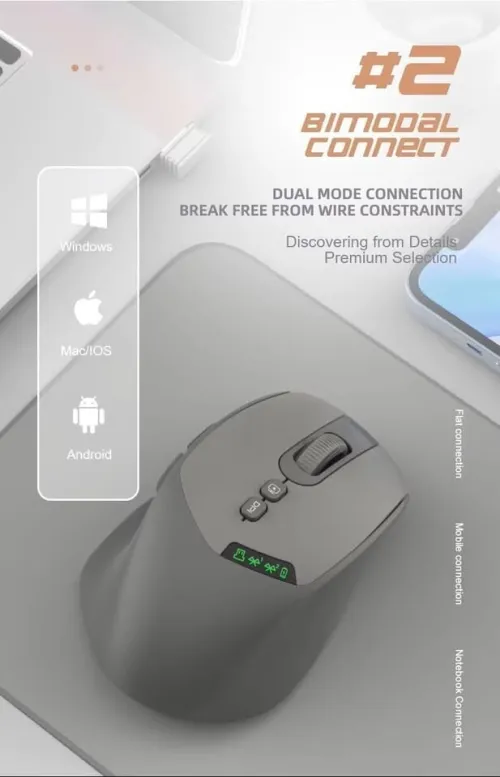 Souris rechargeable double BT 2.4G/Bluetooth 5.0 avec afficheur, silencieuse PRMW37