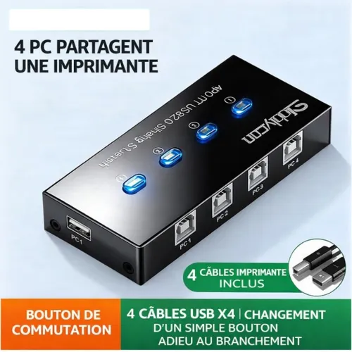 Commutateur de partage automatique d'imprimante USB2.0 4ports avec 4 câbles d'imprimantes