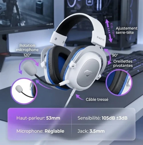 Casque de jeu HAVIT H2002d, fiche 3,5 mm, pour PC, PS4, XBOX ONE BLANC