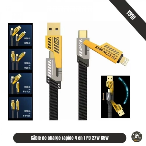 Chargeur de voiture rapide double port 45W LED et câble 4en1 (4 Connecteur USB et Type C et Lightning).