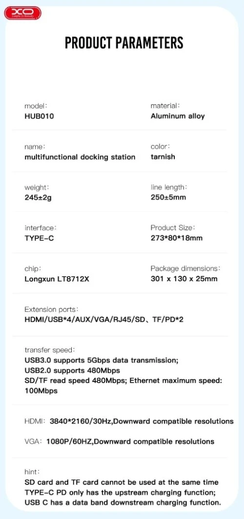 HUB XO HUB010 12en1 HDMI/VGA/2*USB3.0/2*USB2.0/Micro SD/SD/RJ45/mini-jack/Type C/Type C100W