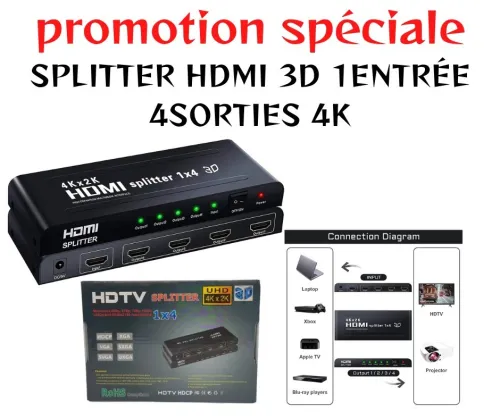 Splitter/répartiteur HDMI 1Entrée 4Sorties/1entrée 2 sorties Soutien 4K,Supporte PC Xbox HDTV DVD Écran Projecteur