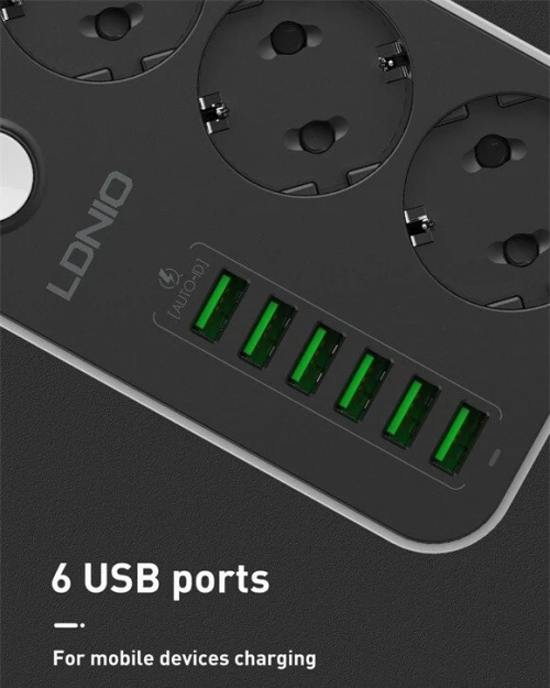 Multiprise LDNIO SC3604 avec 3 prises et 6 ports USB 17W pour recharger votre téléphone.