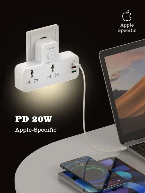 MULTIPRISE LDNIO SC2311 AVEC 3USB 20W ET 2PRISES ÉLECTRIQUES ET VEILLEUSE
