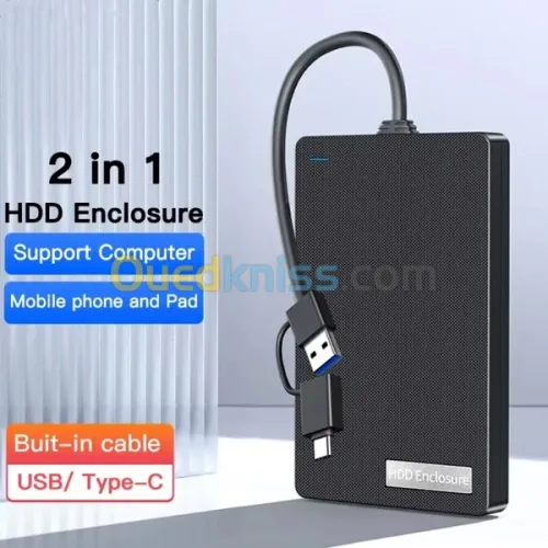 Boîtier de disque dur USB 2.5pouces disque avec de câble intégré Type-C et USB