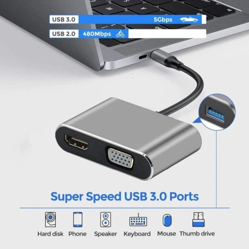 HUB USB-C 4 en 1 HDMI, VGA et USB+USB-C.  