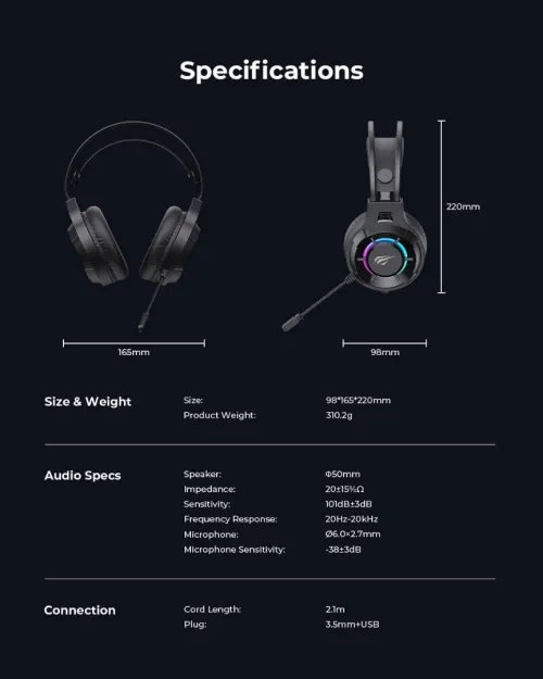 Casque gaming filaire Havit Gamenote H2049D RGB, prise jack 3,5mm*2