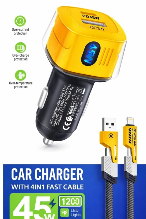 Chargeur de voiture rapide double port 45W LED et câble 4en1 (4 Connecteur USB et Type C et Lightning).