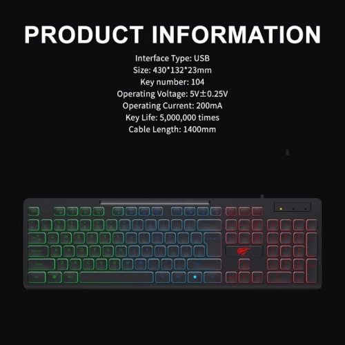 Havit Gamenote KB275L clavier gaming filaire 104 touches ergonomique ultra-mince RGB.