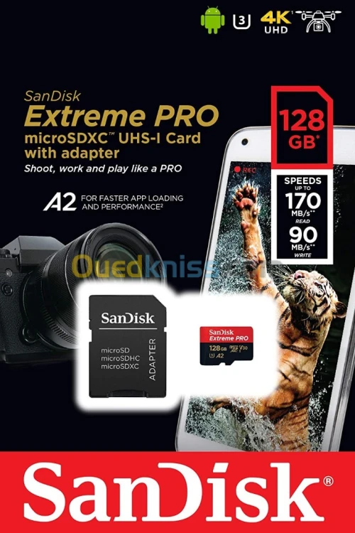 Carte memoire SD Extreme Pro 128Go 170 Mo/s, A2, U3, V30, haute vitesse + adaptateur 