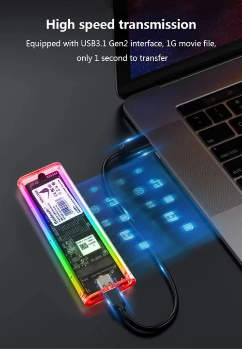 Boîtier de disque dur USB type C,RGB M.2 NGFF Nvme, 2230/2242/2260/2280 jusqu'à 10Gbps