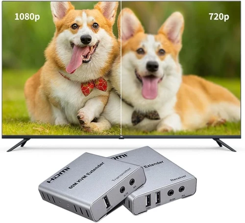 Extendeur HDMI KVM USB 60m avec audio 1080p R/L via câble Ethernet pour PC, Laptop et moniteur TV.