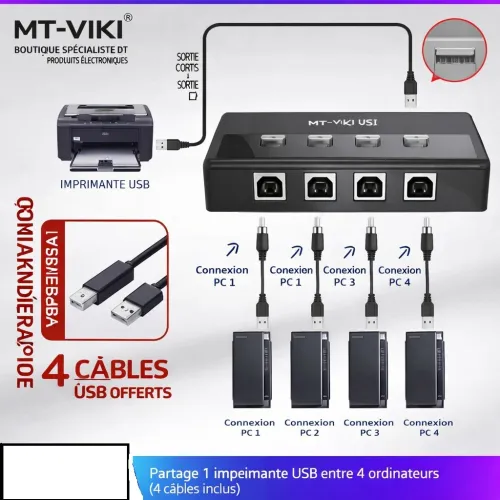 Commutateur de partage automatique d'imprimante USB2.0 4ports avec 4 câbles d'imprimantes