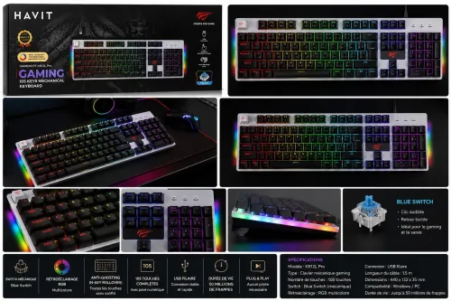 CLAVIER HAVIT GAMENOTE KB12L PRO RGB BLEU SWITCH