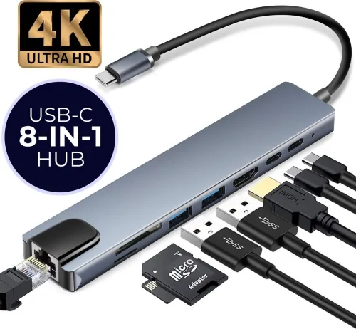 ADAPTATEUR TYPE C 8 IN 1 TO HDMI 4K TO RJ45 TO USB3.0 + LECTEUR CARTE