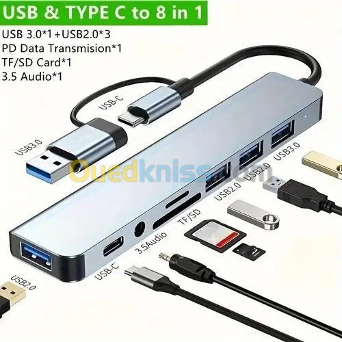 ADAPTATEUR 8 IN 1 USB TYPE C TO USB A/ 1*TYPE-C/MICRO SD/2*USB 3.0/ AUDIO