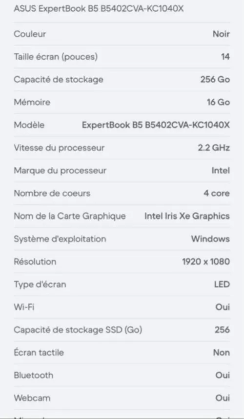 Asus ExpertBook B5402CVA-KC1040X 14IN CORE 17-1360P 16GB 256GB W11P   (Neuf jamais utilisé)