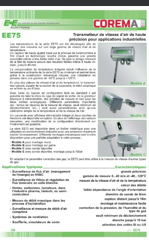 Transmetteur de vitesse dair et de gaz haute précision jusqu'à 10 Bar, applications industrielles