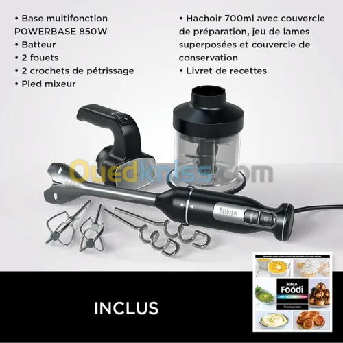 Bras Mixeur NINJA Foodi 3-en-1, Mélangeur Hachoir à main, pétrir,850W,NOIR-ci100