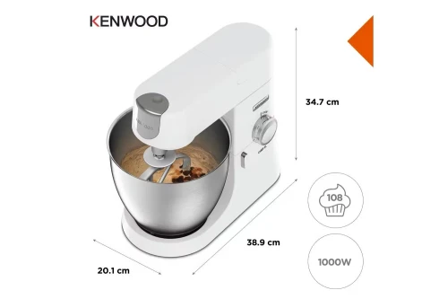 Kenwood Chef XL robot petrin KVL4100W, 3 crochets et fouets pour pétrir, bol de 6,7 L, 1200 W, blanc