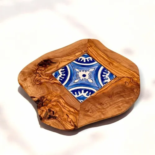 Dessous de verre/assiette en bois d'olivier et zellige.
