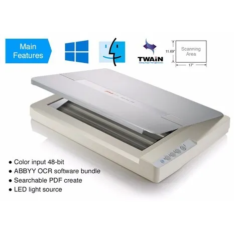 SCANNER A3 Plustek OPTICSLIM 1180 : Résolution 1200 dpi sans ADF USB 2.0