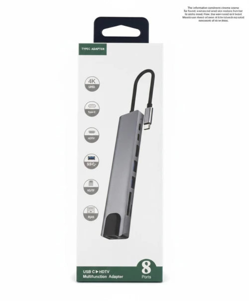 ADAPTATEUR TYPE C 8 IN 1 RJ45/HDMI/2 x TYPE C/2 x USB3/SD+TF