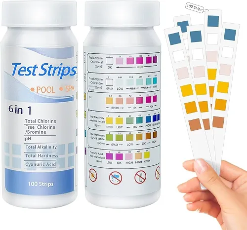 Testeur bandelettes 6 en 1 : pH, chlore libre et total, acide cyanurique, brome, Dureté total...