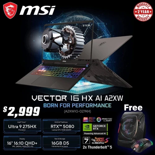 MSI VICTOR 16HX AI A2XWIG 2025/ULTRA 9 -275HX/32GB DDR5/1TB SSD/NVIDIA RTX 5080 16GB/16 QHD 240 HZ