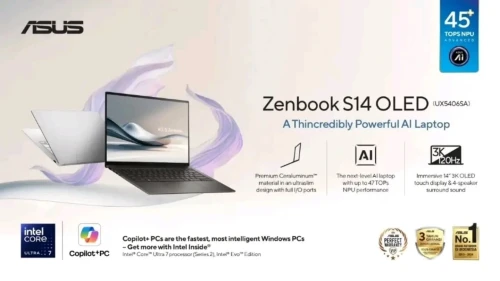 ASUS  ZENBOOK S14 OLED  2025 /INTEL ULTRA 7- 258V  /RAM 32GO DDR5X /DISQUE 1000GO 1TO SSD NVME /INTEL ARC TM 140V /ECRAN 14 3K OLED