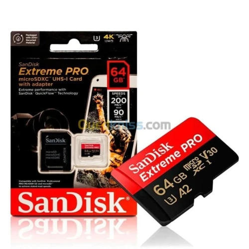 SANDISK EXTREME PRO 64GB - CARTE MÉMOIRE MSDXC UHS-I - JUSQU'À 200 MOS - UHD 4K - AVEC ADAPTER