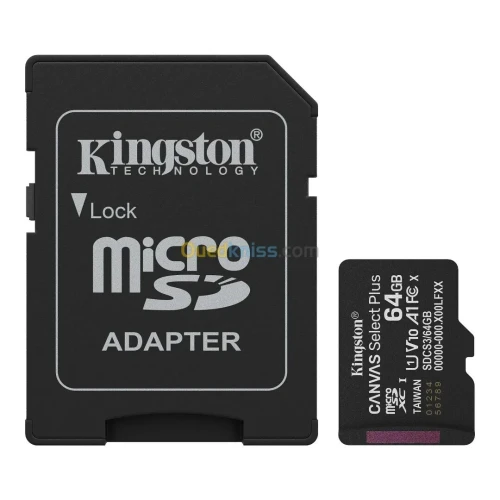 KINGSTON CANVAS SELECT PLUS SDCS3 64GB - MICRO SDXC 64GB - UHS-I CLASSE 10 - AVEC ADAPTATEUR SD - BLACK