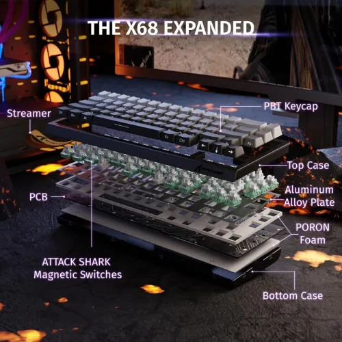 ATTACK SHARK X68 HE - CLAVIER GAMING 60% - MAGNETIC SWITCH - HALL EFFECT - RGB - USB - CONTOUR LINE - 8KHZ RAPID TRIGGER - 0.01MM - MOONLIGHT