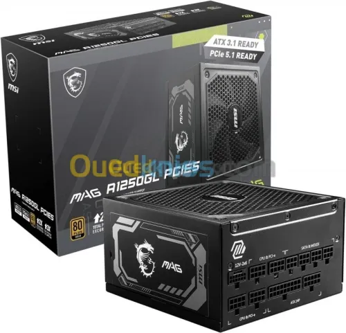 MSI MAG A1250GL PCIES 5 - ALIMENTATION FULL MODULAIRE 1250W - 80 PLUS GOLD - ATX/EPS - NOIR 
